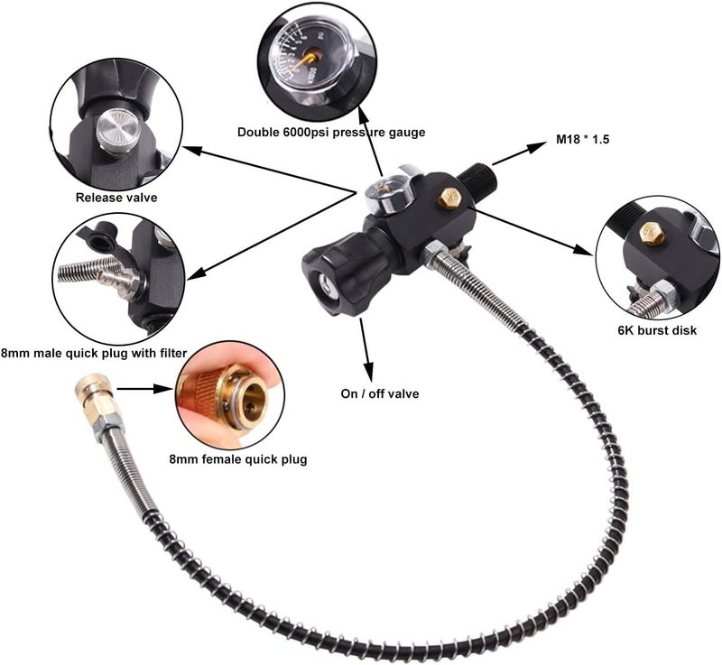 Fenduoer M18x1.5 DIN Valve Scuba Adapter with Dual Gauge,High Pressure 30 Mpa/300bar/4500psi with 24-inch-Long Black Filling Air Hose for HPA Tank,Air Tank,Paintball Scuba Fill Stations,PCP Air Rifle - Image 3